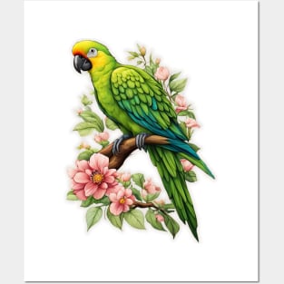 Green Parrot on a tree branch flowers Posters and Art